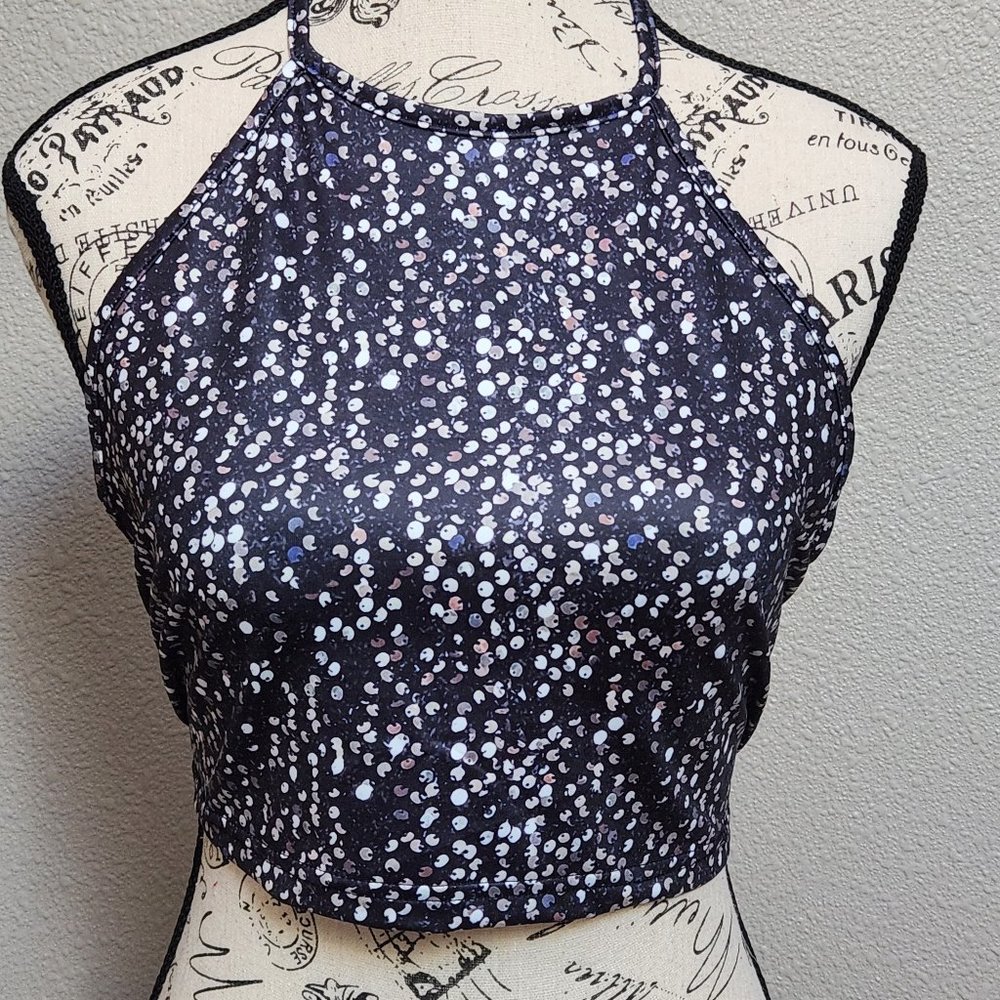 Crop Halter Top Black Sequin Print Backless - Medium - NEW - Picture 3 of 5